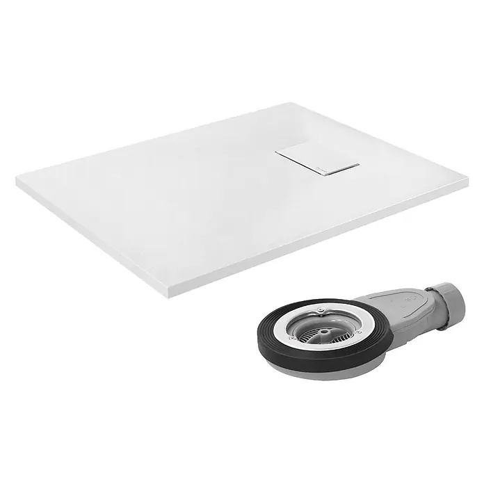 Duschwanne 90x70 cm Weiß mit Ablaufgarnitur aus SMC Höhe 30 mm -  - Weiße rechteckige Duschwanne mit integrierter Ablaufrinne und separatem grauen Duschablauf.