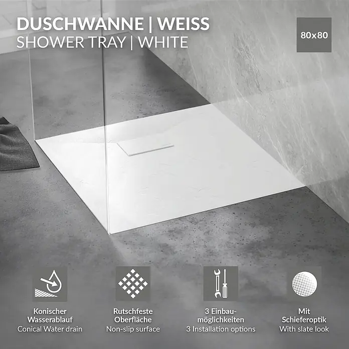 LuxeBath Duschwannen-Set Quadratische 80x80cm mit Siphon ,Weiß H:30 mm ,extra flache - L x B: 80 x 80 cm, Verbundwerkstoff, Weiß, Ablaufgarnitur - Weiße Duschwanne (80x80) mit strukturierter Schieferoptik, rutschfester Oberfläche und rechteckigem Ablauf.