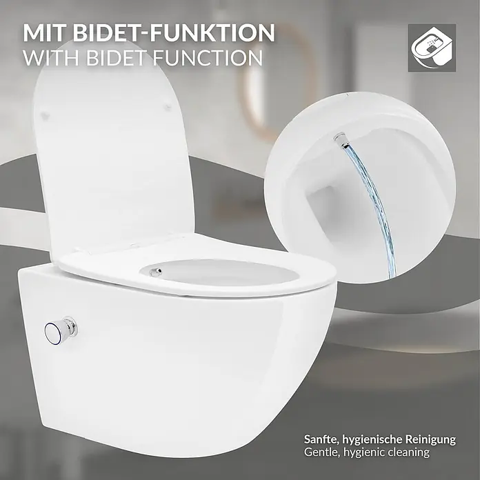 LuxeBath Wand-WC lang Weiß mit Bidet Funktion Toilettensitz Duroplast - Spülrandlos, Spülform: Tief, WC Abgang: Waagerecht, Weiß - Weißes wandhängendes WC mit offenem Deckel, zeigt Bidetfunktion mit Wasserstrahl und Bedienknopf.