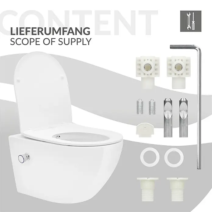 LuxeBath Wand-WC lang Weiß mit Bidet Funktion Toilettensitz Duroplast - Spülrandlos, Spülform: Tief, WC Abgang: Waagerecht, Weiß - Weißes wandhängendes WC mit integrierter Bidetfunktion, zusammen mit Montagezubehör und Werkzeug.
