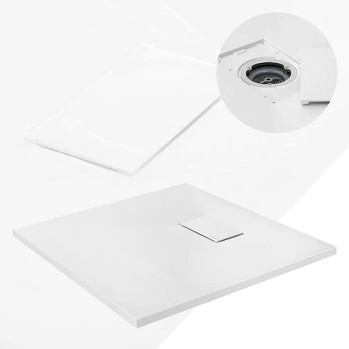 LuxeBath Duschwannen-Set Quadratische 80x80cm mit Siphon ,Weiß H:30 mm ,extra flache - L x B: 80 x 80 cm, Verbundwerkstoff, Weiß, Ablaufgarnitur - Weiße, quadratische, texturierte Duschwanne mit rechteckiger Ablaufabdeckung. Einsatz zeigt Abflussmechanismus.