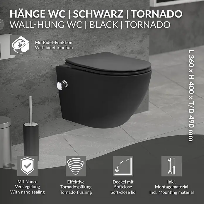 LuxeBath Wand-WC kurz Schwarz mit Bidet-Funktion & Nano Beschichtung - Schwarz - Schwarzes Hänge-WC mit Bidetfunktion und Soft-Close-Deckel.