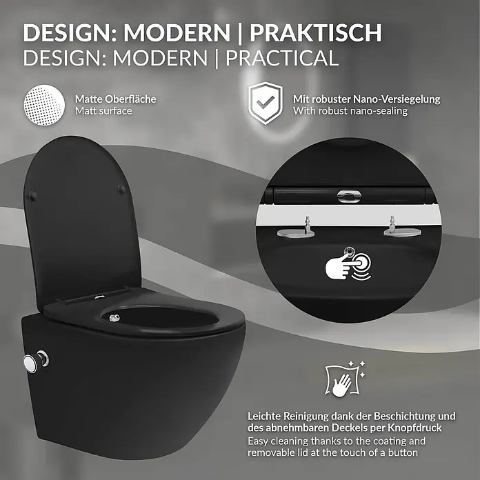 LuxeBath Wand-WC kurz Schwarz mit Bidet-Funktion & Nano Beschichtung - Schwarz - Moderne schwarze, matte Wand-WC mit Nano-Versiegelung und abnehmbarem Deckel für einfache Reinigung.