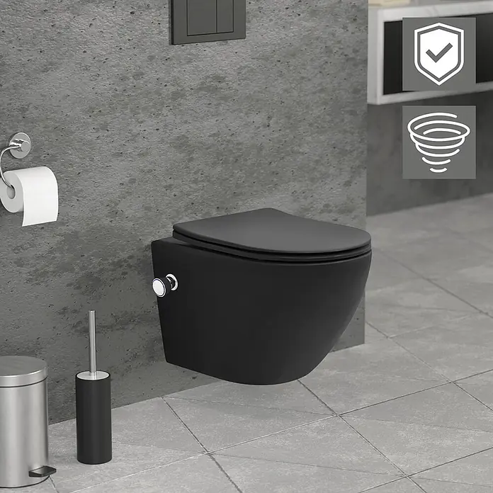 LuxeBath Wand-WC kurz Schwarz mit Bidet-Funktion & Nano Beschichtung - Schwarz - Mattschwarzes wandhängendes WC mit Soft-Close-Deckel, in modernem Bad mit Betonoptik-Wand.