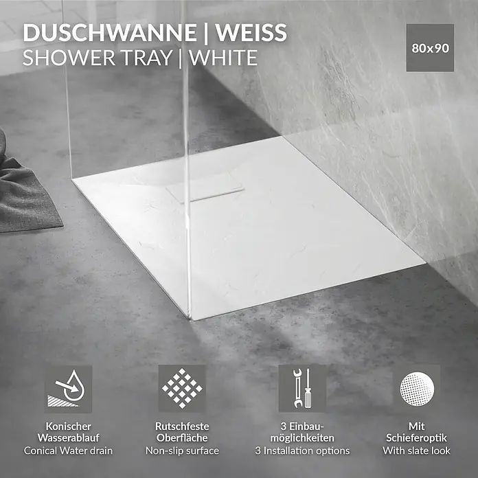 Duschwanne 90x80 cm Weiß mit Ablaufgarnitur aus SMC Höhe 30 mm -  - Weiße Duschwanne 80x90 in Schieferoptik mit konischem Ablauf und rutschfester Oberfläche im Duschbereich.