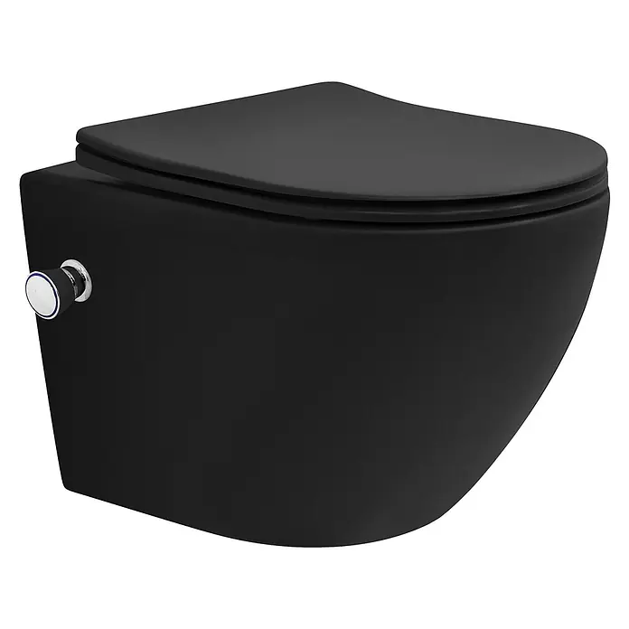 LuxeBath Wand-WC mit Bidet-Funktion, Tornadospülung, Softclose-Klodeckel - Schwarz - Mattschwarzes wandhängendes WC mit passendem Soft-Close-Sitz und seitlichem Chrom-Druckknopf.