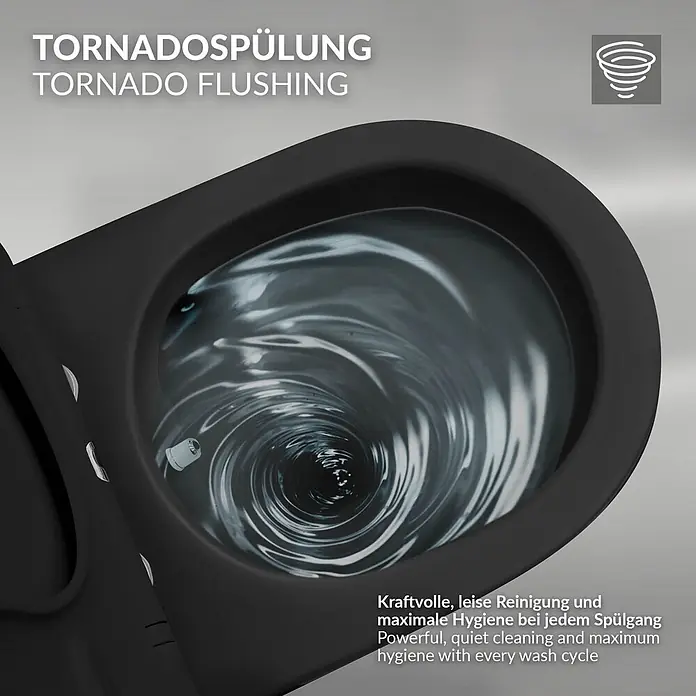 LuxeBath Wand-WC mit Bidet-Funktion, Tornadospülung, Softclose-Klodeckel - Schwarz - Schwarzes WC-Becken mit kraftvoller Tornado-Spülung und starkem Wasserwirbel für Hygiene.