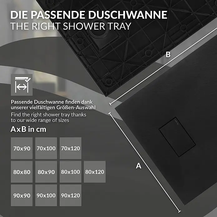Duschwanne 90x70 cm Schwarz mit Ablaufgarnitur aus SMC Höhe 30 mm -  - Dunkelgraue Duschwanne mit markierten Maßen A und B, zeigt verfügbare Größen im Raster an.