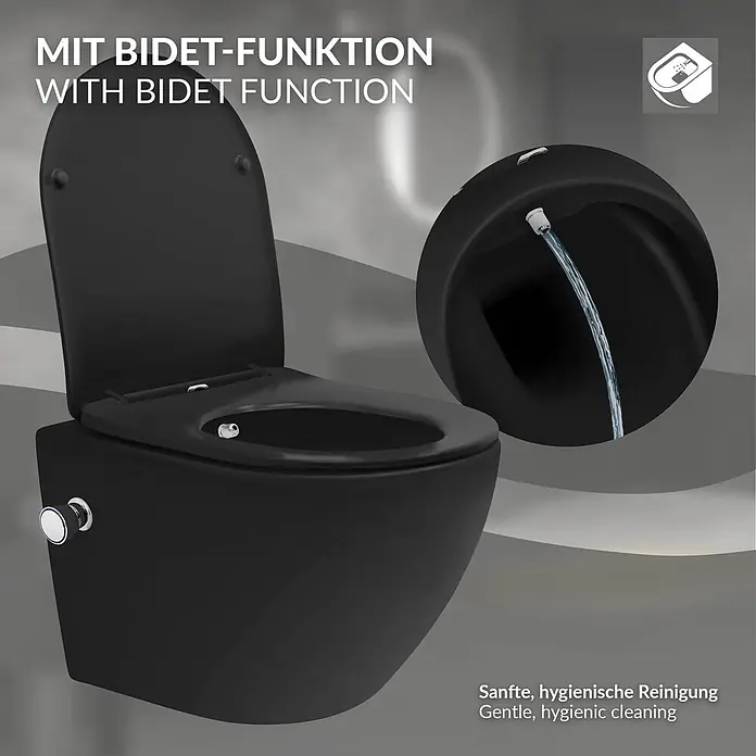 LuxeBath Wand-WC mit Bidet-Funktion, Tornadospülung, Softclose-Klodeckel - Schwarz - Schwarze wandhängende Toilette mit integrierter Bidetfunktion, die die Wasserdüse zeigt.