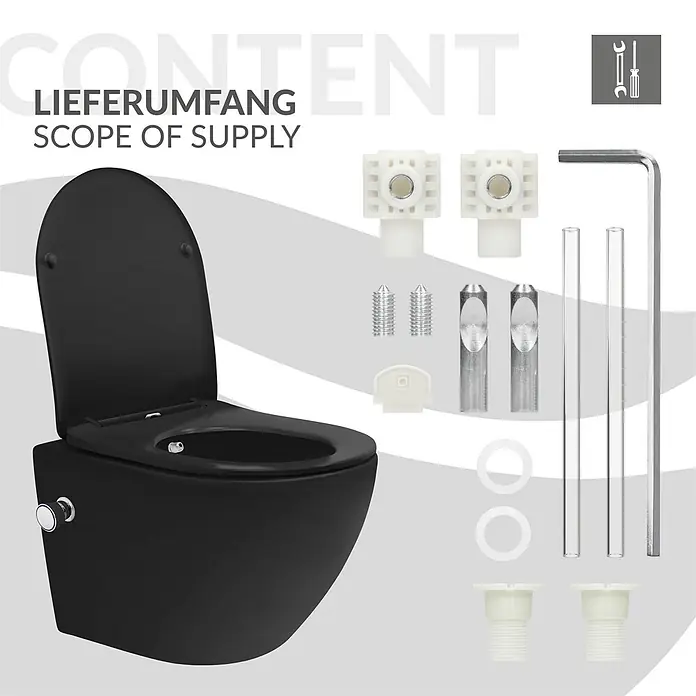 LuxeBath Wand-WC mit Bidet-Funktion, Tornadospülung, Softclose-Klodeckel - Schwarz - Schwarzes Wand-WC mit Deckel und Montagesatz inklusive Schrauben, Halterungen und Inbusschlüssel.