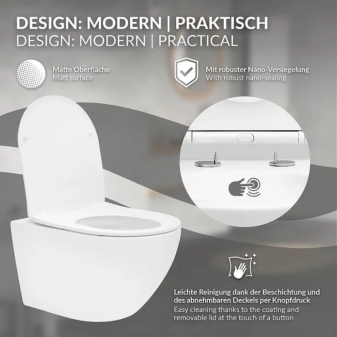 LuxeBath Wand-WC Weiß mit Nano Beschichtung lang Lotus Effekt - Spülrandlos, Mit antibakterieller Glasur, Spülform: Tief, WC Abgang: Waagerecht, Weiß - Weißes mattes wandhängendes WC mit Nano-Versiegelung und abnehmbarem Deckel für leichte Reinigung.