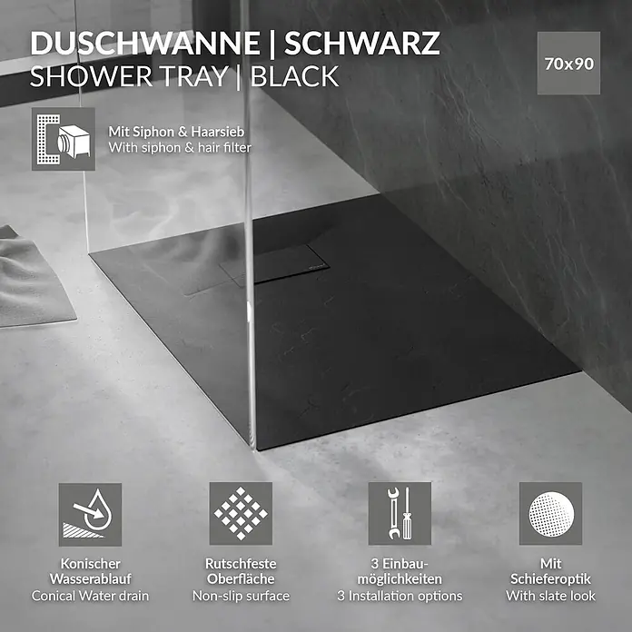 Duschwanne 90x70 cm Schwarz mit Ablaufgarnitur aus SMC Höhe 30 mm -  - Schwarze 70x90 Duschwanne in Schieferoptik mit rutschfester Oberfläche.
