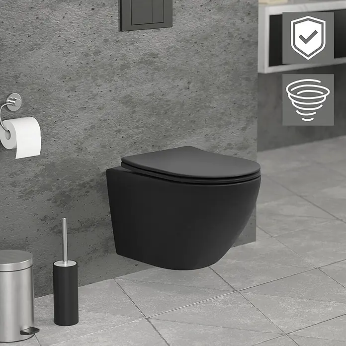LuxeBath Wand-WC kurz ohne Spülrand mit Nano Beschichtung Tornadospülung - Schwarz - Matt schwarzes Wand-WC mit schlankem Sitz.