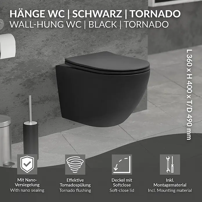 LuxeBath Wand-WC kurz ohne Spülrand mit Nano Beschichtung Tornadospülung - Schwarz - Schwarzes Hänge-WC mit Soft-Close-Deckel und effektiver Tornadospülung.