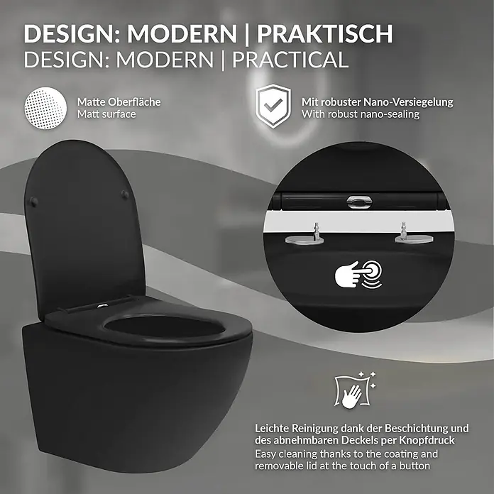 LuxeBath Wand-WC kurz ohne Spülrand mit Nano Beschichtung Tornadospülung - Schwarz - Schwarze matte Wandtoilette mit abnehmbarem Deckel, nanoverisegelt für leichte Reinigung.