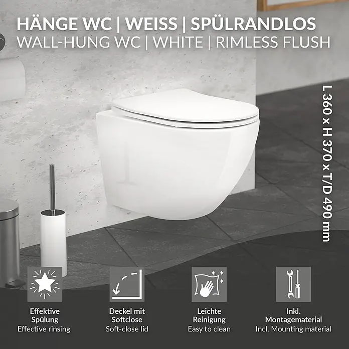 LuxeBath Wand-WC Weiß mit Nano Beschichtung kurz Tiefspüler Lotus Effekt - Spülrandlos, Spülform: Tief, WC Abgang: Waagerecht, Weiß - Weißes wandhängendes, spülrandloses WC mit Softclose-Deckel in modernem Bad.