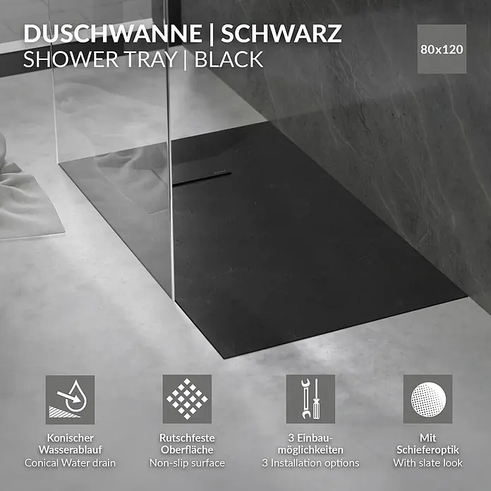 Duschwanne 120x80 cm Schwarz mit Ablaufgarnitur aus SMC Höhe 30 mm -  - Schwarze Duschwanne in Schieferoptik, 80x120 cm, mit konischem Wasserablauf und rutschfester Oberfläche.