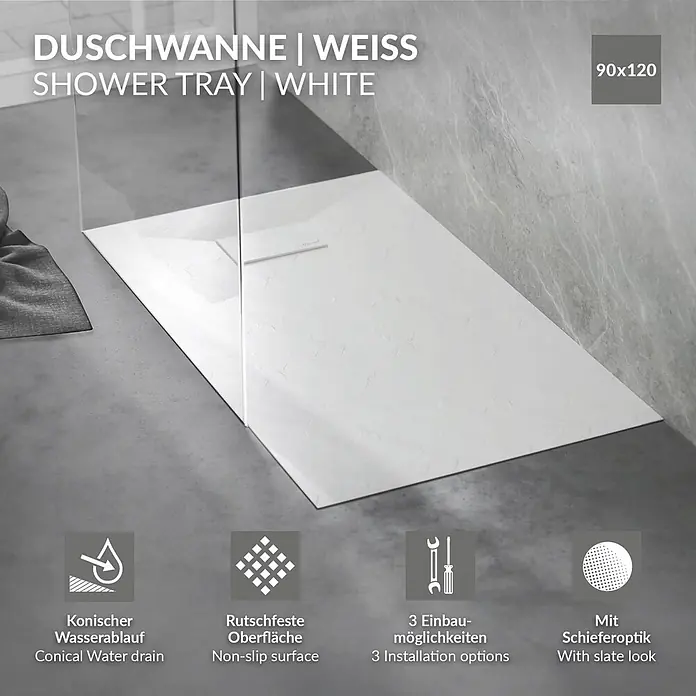 LuxeBath Duschwannen-Set Rechteckige 120x90 cm mit Siphon ,Weiß H:30 mm ,extra flache - L x B: 120 x 90 cm, Verbundwerkstoff, Weiß, Ablaufgarnitur - Weiße Duschwanne mit Schieferoptik, 90x120 cm, in einem modernen Bad installiert.