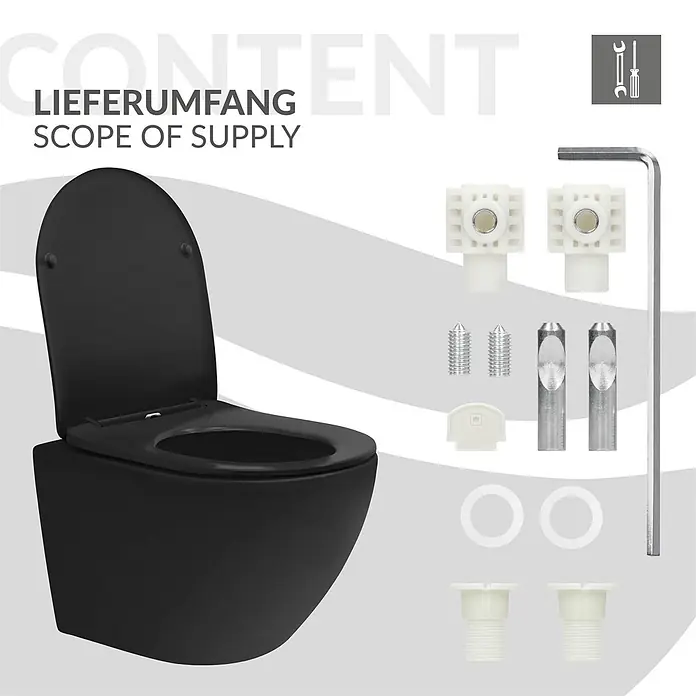 LuxeBath Wand-WC kurz Schwarz matt Duroplast Tiefspüler - Spülrandlos, Spülform: Tief, WC Abgang: Waagerecht, Schwarz - Schwarzes wandhängendes WC mit Absenkautomatik und komplettem Montagesatz.