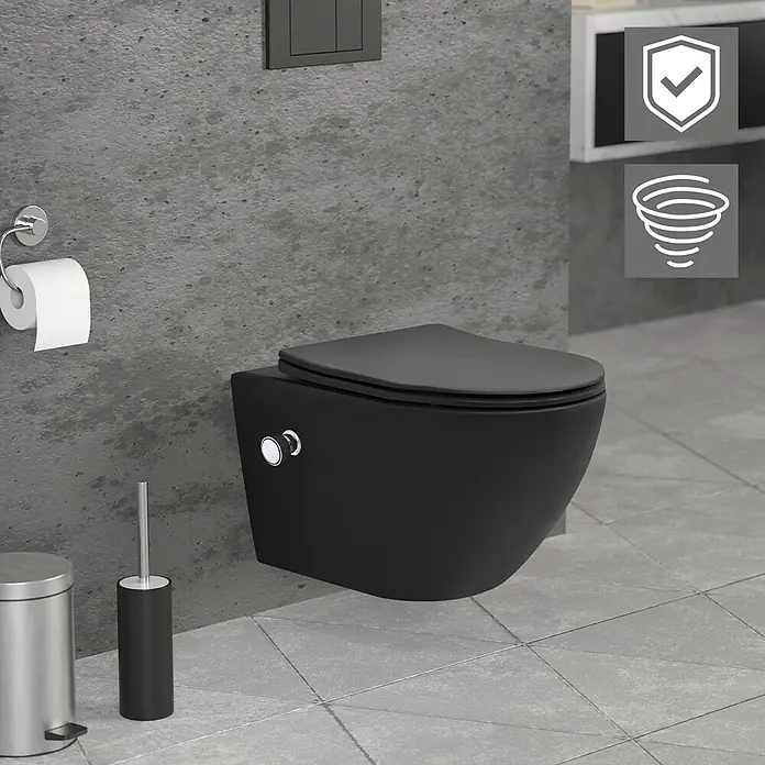 LuxeBath Wand-WC lang mit Bidet-Funktion & Nano Beschichtung Tornadospülung - Schwarz - Mattschwarzes wandhängendes WC mit LED-beleuchteten Spültasten in einem modernen Badezimmer.