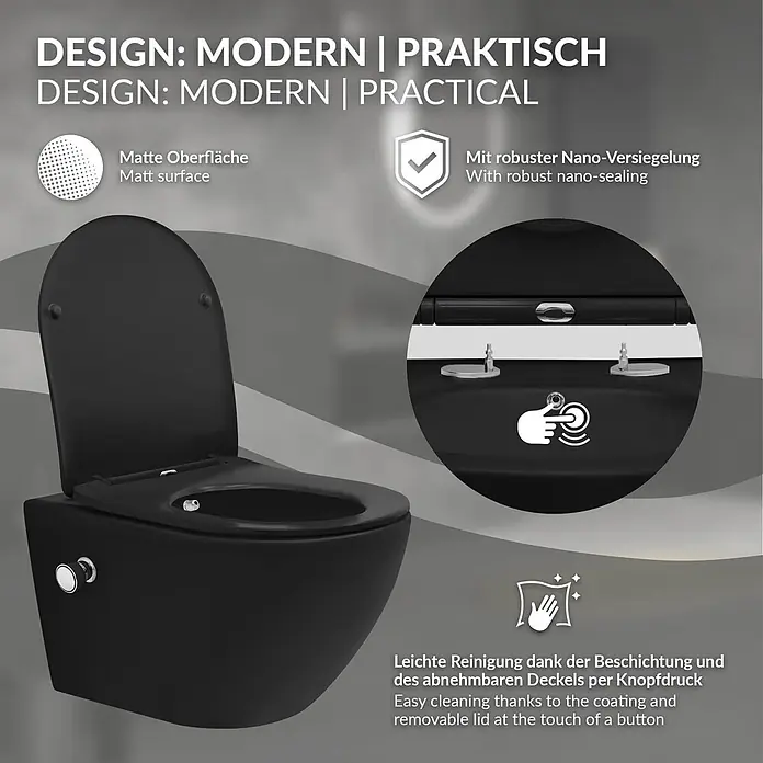 LuxeBath Wand-WC lang mit Bidet-Funktion & Nano Beschichtung Tornadospülung - Schwarz - Eine schwarze, matte Wand-Bidet-Toilette mit geöffnetem Deckel, die modernes Design und einfache Reinigung hervorhebt.