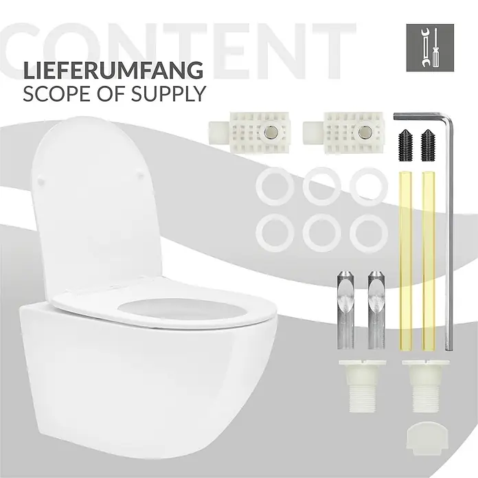 LuxeBath Wand-WC lang ohne Spülrand mit Nano Beschichtung Tornadospülung - Weiß - Weiße Wand-WC-Schüssel mit geschlossenem Sitz, zusammen mit allen enthaltenen Installations- und Befestigungskomponenten.