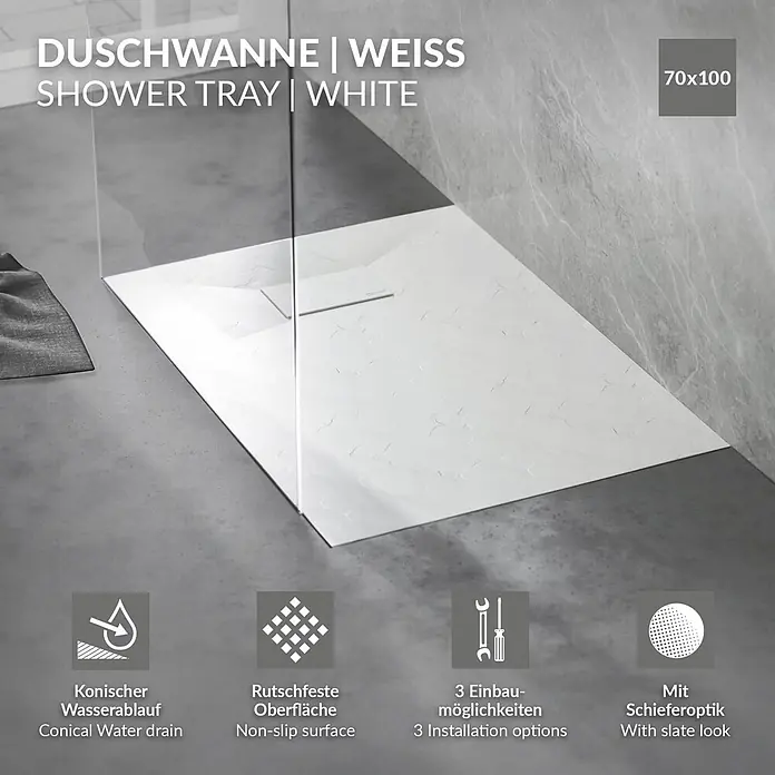 Duschwanne 100x70 cm Weiß mit Ablaufgarnitur aus SMC Höhe 30 mm -  - Weiße Duschwanne mit Schieferoptik, rutschfester Oberfläche, konischem Ablauf und 70x100 Maßen.
