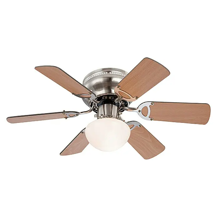 Voltomat Deckenventilator Ugo - Buche/Graphit, 76 cm, 60 W - Eine Deckenleuchte mit fünf Holzflügeln und einer runden, weißen Glühbirne. Das Gehäuse ist aus gebürstetem Nickel gefertigt.