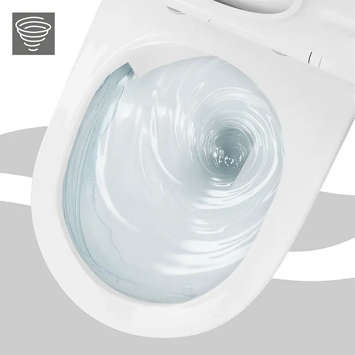 LuxeBath Wand-WC lang ohne Spülrand mit Nano Beschichtung Tornadospülung - Weiß - Weiße Toilettenschüssel mit starker, wirbelnder Wasserspülung. Ein Tornado-Icon kennzeichnet die leistungsstarke Spülfunktion.
