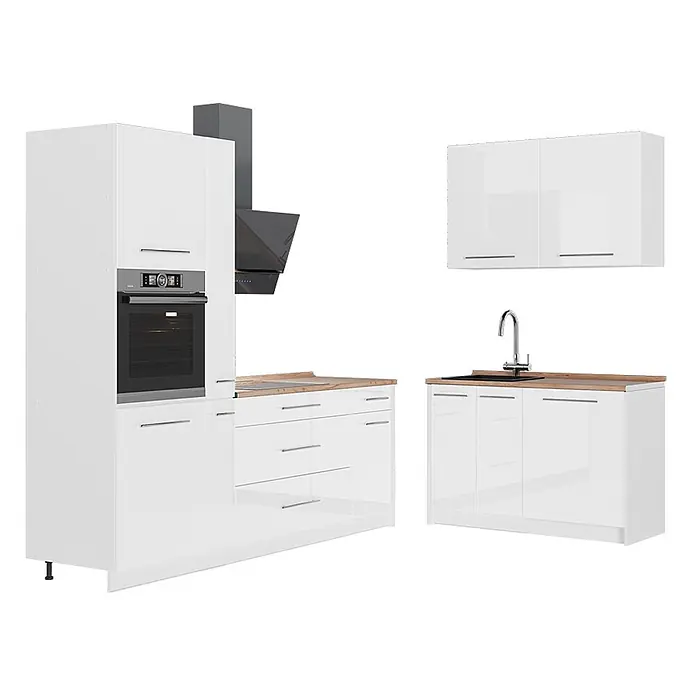 Küchenzeile Fame-Line 220 cm Weiß Hochglanz Art.-Nr. 65028 -  - Weiße modulare Küchenzeile mit Holz-Arbeitsplatten, integriertem Backofen, Spüle, Dunstabzugshaube und Schränken.