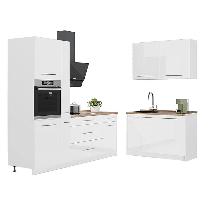 Küchenzeile Fame-Line 220 cm Weiß Hochglanz Art.-Nr. 65028 -  - Glänzende weiße Küchenschränke mit Holz-Arbeitsplatten, integriertem Backofen, Spüle und Dunstabzugshaube, mit Edelstahlgriffen.