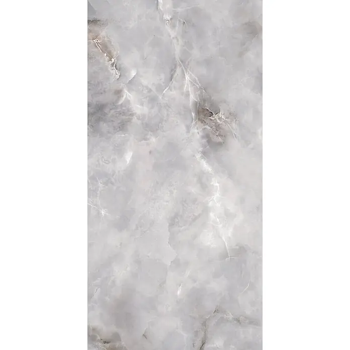Feinsteinzeugfliese ONYX FLOW GRIS – 60 x 120 cm, Onyxoptik, Brillant -  - Hellgraue Marmorstruktur mit feinen weißen und dunklen Adern.