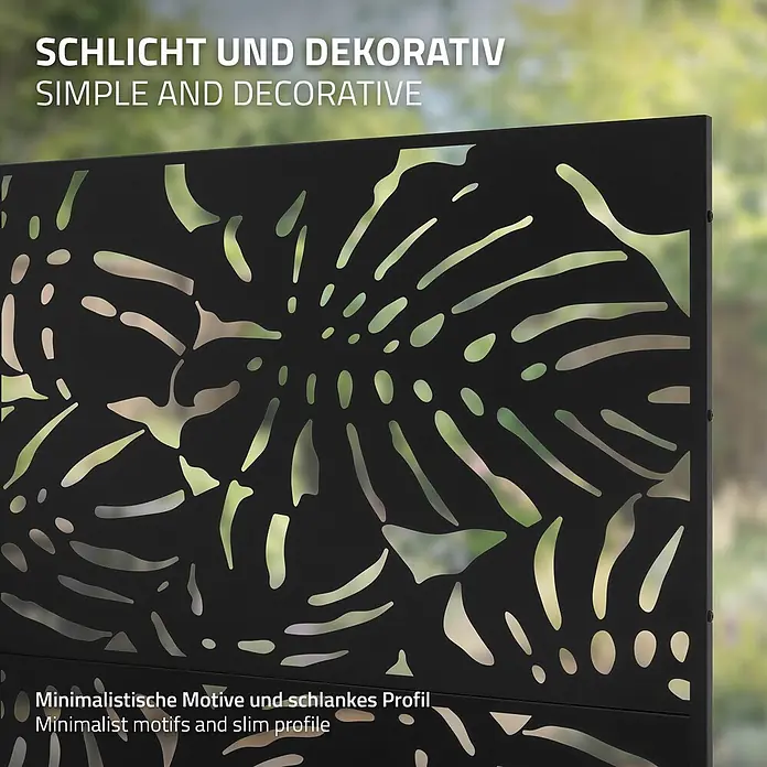 Metall-Sichtschutz Roma 120x180 cm Schwarz aus Stahl -  - Schwarzer Metall-Sichtschutz mit dekorativem Monstera-Blattmuster, im Freien.