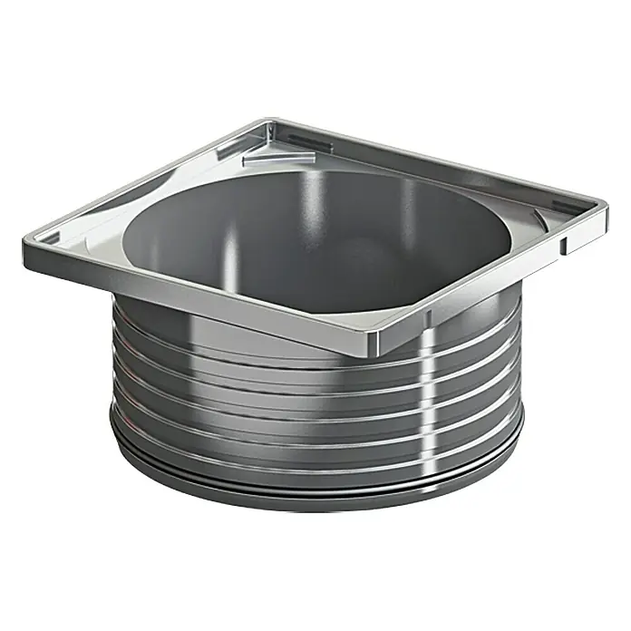 ACO Aufsatzstück - Durchmesser: 100 mm, Maße Rost: 100 mm x 100 mm - Bild einer Gastro-Norm Edelstahlwanne. Sie ist quadratisch, hat einen abgerundeten Einsatz und einen geriffelten Korpus. Praktische GN Behälter für die Gastronomie.