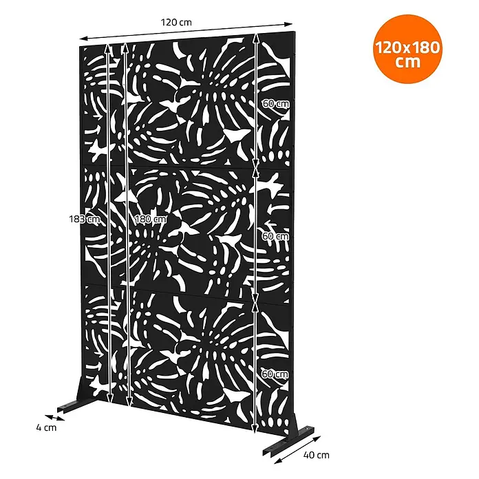 ML-Design Sichtschutzelement Roma - B x H: 120 x 183 cm, Stahl, Schwarz - Schwarzer Metall-Sichtschutz mit Monstera-Blattausschnitten, Maße 120x180 cm, auf stabilisierenden Füßen.