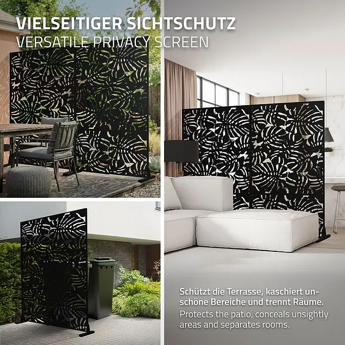 Metall-Sichtschutz Roma 120x180 cm Schwarz aus Stahl -  - Schwarzer Metall-Sichtschutz mit Blattmuster, außen auf Terrasse, Mülltonnen verdeckend, innen als Raumteiler.