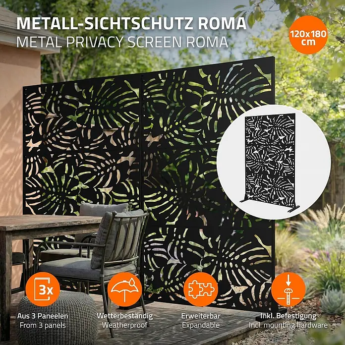 ML-Design Sichtschutzelement Roma - B x H: 120 x 183 cm, Stahl, Schwarz - Schwarzer Metall-Sichtschutz mit tropischem Blättermuster, 120x180 cm, auf einer Terrasse platziert.
