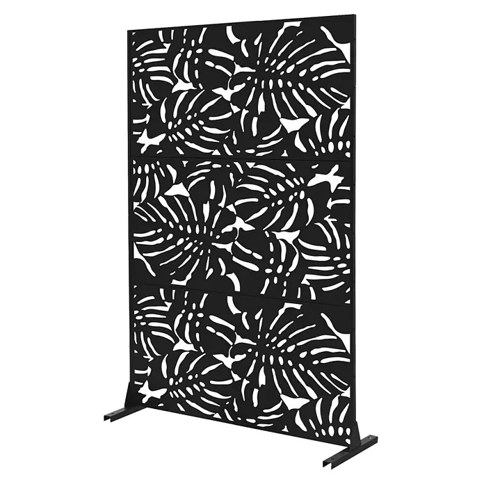 ML-Design Sichtschutzelement Roma - B x H: 120 x 183 cm, Stahl, Schwarz - Schwarzer Metall-Sichtschutz mit tropischem Monstera-Blatt-Ausschnittmuster, freistehend mit Stützfüßen.