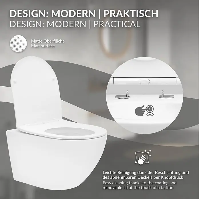 LuxeBath Wand-WC lang Weiß Duroplast Tiefspüler - Spülrandlos, Spülform: Tief, WC Abgang: Waagerecht, Weiß - Weißes Wand-WC mit matter Oberfläche, abnehmbarem Deckel per Knopfdruck für leichte Reinigung.