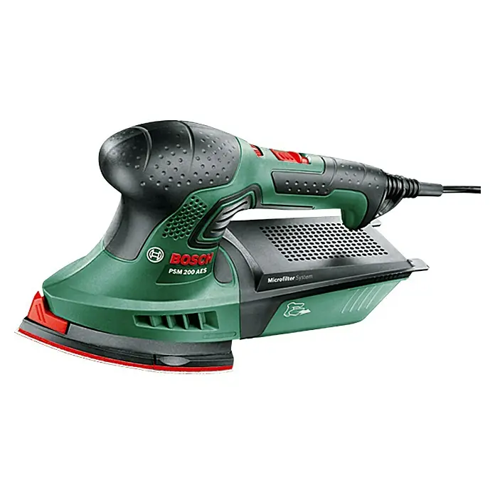 Bosch Elektro-Multischleifer PSM 200 AES - 200 W, Leerlaufschwingzahl: 6.000 U/min - 26.000 U/min, Durchmesser Schwingkreis: 1,8 mm - Nahaufnahme eines Bosch PSM 200 AES Multischleifers, ideal für Ecken und Kanten, mit Staubabsaugung für sauberes Arbeiten.