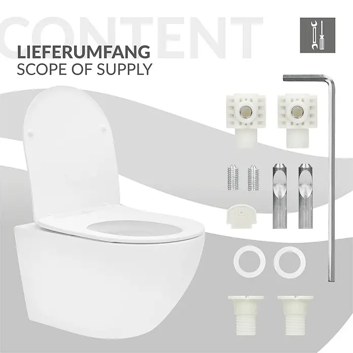 LuxeBath Wand-WC lang Weiß Duroplast Tiefspüler - Spülrandlos, Spülform: Tief, WC Abgang: Waagerecht, Weiß - Weißer Toilettensitz mit Montagematerial, bestehend aus Kunststoffscharnieren, Schrauben und Inbusschlüssel.