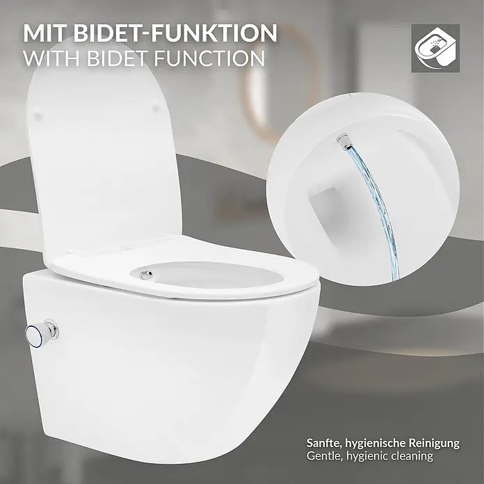 LuxeBath Wand-WC Weiß mit Bidet-Funktion, Tornadospülung, Softclose-Klodeckel - Weiß - Weißes wandhängendes WC mit integrierter Bidetfunktion, zeigt Wasserstrahl und Bedienknopf.