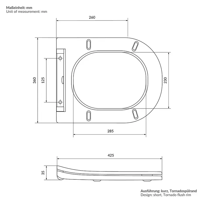LuxeBath Wand-WC ohne Spülrand Schwarz, Tornadospülung, Softclose-Klodeckel - Schwarz - Technische Zeichnung eines WC-Sitzes, mit Aufsicht und Seitenansicht und Maßen in mm.
