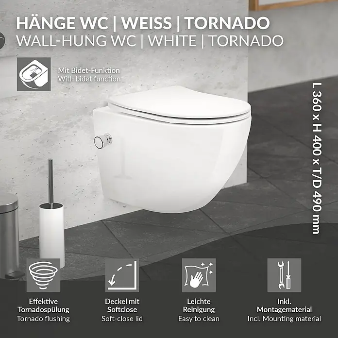 LuxeBath Wand-WC Weiß mit Bidet-Funktion, Tornadospülung, Softclose-Klodeckel - Weiß - Weißes wandhängendes WC mit Bidetfunktion, Tornadospülung und Soft-Close-Deckel.