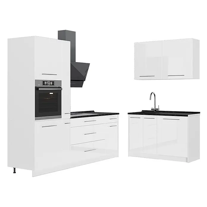 Küchenzeile Fame-Line 220 cm Weiß Hochglanz Art.-Nr. 65027 -  - Moderne weiße Hochglanz-Küchenzeile mit schwarzen Arbeitsplatten, integriertem Backofen, Kochfeld, Spüle und Dunstabzugshaube.