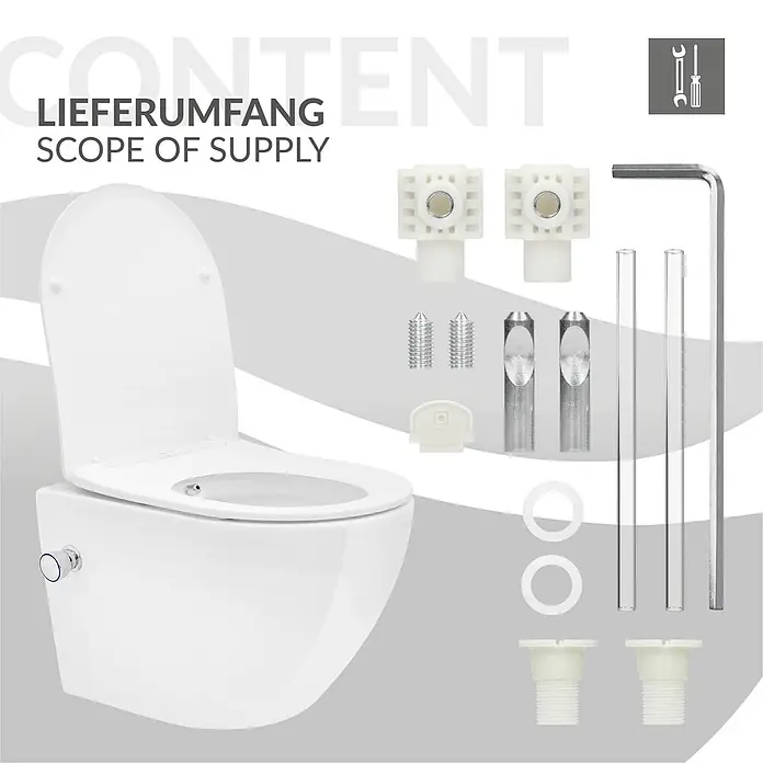 LuxeBath Wand-WC Weiß mit Bidet-Funktion, Tornadospülung, Softclose-Klodeckel - Weiß - Weißes wandhängendes WC mit Bidetfunktion und Montagezubehör.