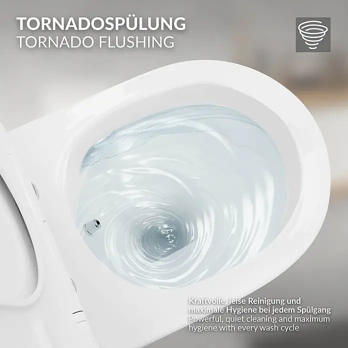 LuxeBath Wand-WC Weiß mit Bidet-Funktion, Tornadospülung, Softclose-Klodeckel - Weiß - Weißes WC mit starker Tornado-Spülung und sichtbarer Bidetdüse für leise Reinigung und maximale Hygiene.