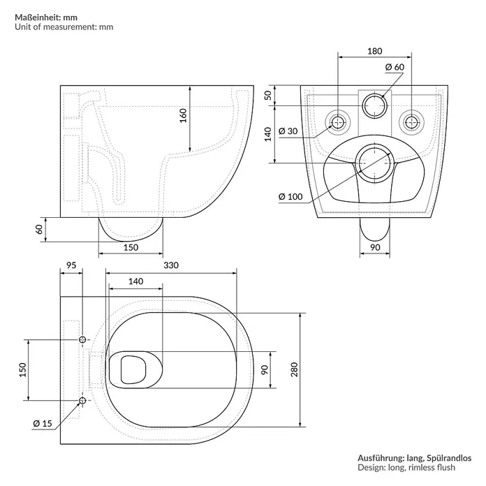 LuxeBath Wand-WC Weiß mit Nano Beschichtung lang Tiefspüler Lotus Effekt - Weiß - Technisches Maßblatt einer langen, spülrandlosen Toilette mit Installationsmaßen.
