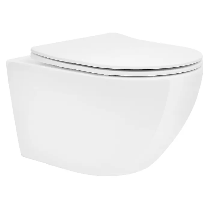 LuxeBath Wand-WC lang ohne Spülrand mit Nano Beschichtung Tornadospülung - Weiß - Weißes wandhängendes WC mit geschlossenem Soft-Close-Sitz.