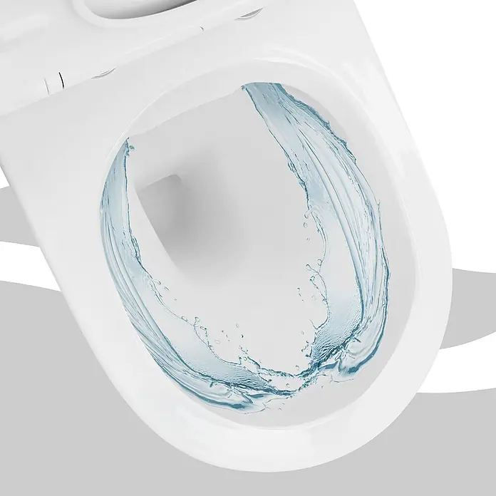 LuxeBath Wand-WC Weiß mit Nano Beschichtung lang Tiefspüler Lotus Effekt - Weiß - Weiße Keramik-Toilettenschüssel mit Wasser, das beim Spülen wirbelt.